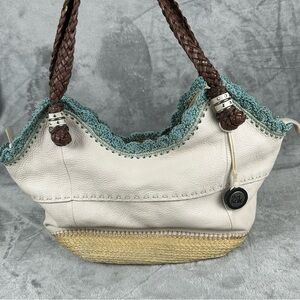 The Sak Indio Ivory Leather Crochet Brown Braided Strap Boho Shoulder Bag